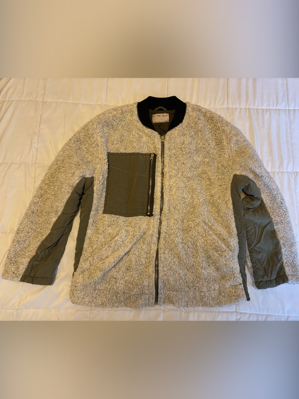 We The Free Cream Sherpa Zip Jacket with Olive Panel Details